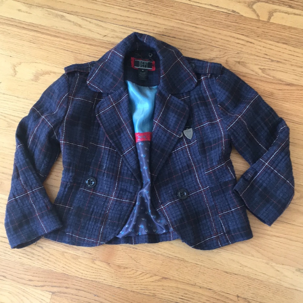 Blue Plaid Cropped Sleeve Jacket by DEPT